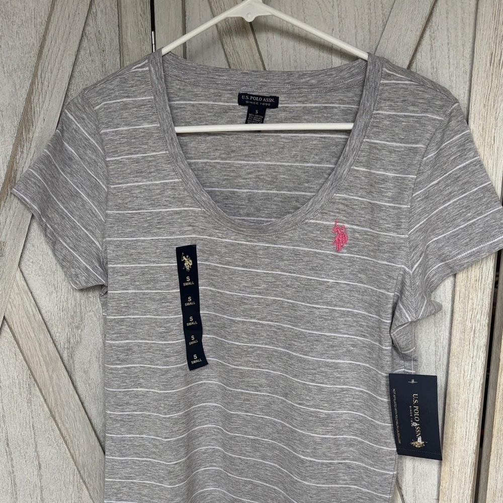 U.S. Polo Assn. Women's Gray and Pink Striped Tee